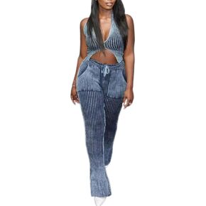 Women's 2 Piece Sexy Knitted Low Neck Tank Top High Waist Long Flared Casual Pants Jumpsuit Club Set rompers
