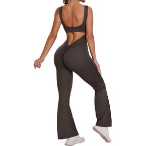 FITTOO Flare Jumpsuits for Women One Piece Backless Sleeveless V Back Scrunch Butt Yoga Workout Bodycon Romper Playsuit