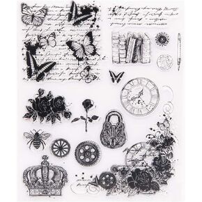 Arrietty Vintage Retro Style Butterfly English Flowers Background Button Bee Books Crown Clear Stamps for Card Making Decoration and DIY Scrapbooking Tools Rubber Stamps-A1746