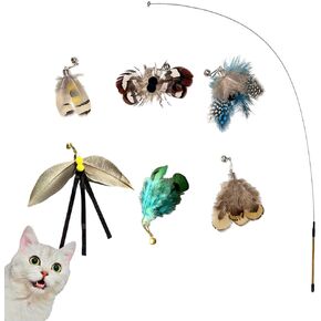استبدال عصا لعبة ريش الحشرات للقطط، عبوات ريش ألعاب القطط، مجموعة من 6 رؤوس بديلة مع أجراس، ألعاب تفاعلية للقطط من الريش الطبيعي (6 قطع عبوات + عصا دعابة واحدة) in Kuwait