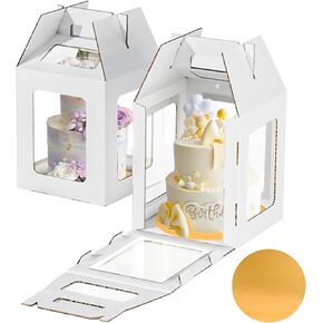 2 Packs Tall Cake Box with Cake Board,10x10x12 Inches Large Tiered Cake Carriers with Clear Windows and Handle,Cake Containers for Birthday,Wedding,Party and Festival