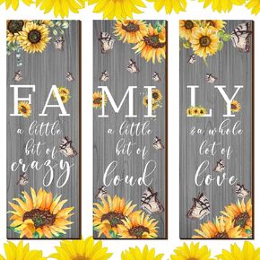 3 Pcs Sunflower Inspirational Kitchen Wall Decor Sunflower Butterfly Gift Wall Decor Family Rustic Wood Sign Hanging Plaque Decor for Living Room Home Office Bedroom (Black White Gray)