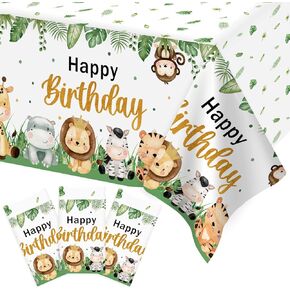 3Pcs Safari Jungle Birthday Decorations Tablecloths, Wild One Birthday Table Covers, 58 x 108 Inch Large Rectangular Zoo Animals Happy Birthday Table Cloths for Parties Boys Kids