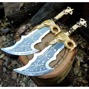 God of War Blades of Chaos Metal Prop Replica Sword Twin Blades with Sheath for Cosplay Costume Accessory (Gold Color)