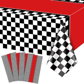 4 Pieces Racing Car Tablecloths, Race Car Birthday Party Decorations Black Checkered Plastic Table Cover Table Runner for Kid Boy Birthday, Race Car Theme Party, 51 x 86 Inch