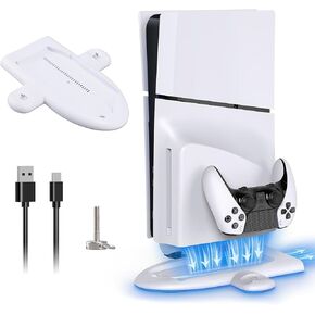 Charging Stand with Cooling Fan for PS5 Slim Console, New PS5 Slim Cooling Station for Controller Charger with RGB Colorful Light