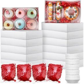 30 Sets Clear Cookie Boxes with Full Clear Window 250 Pcs Paper Food Trays 4 Bags Raffia Bakery Cookies Macaron Strawberries Boxes Disposable Treat Boxes for Wedding Party(Brown)