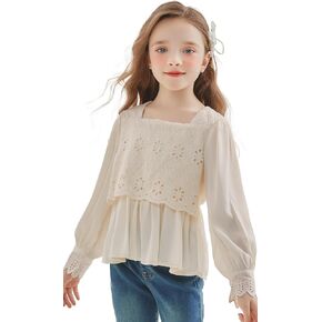 Girls Cute Long Sleeve Chiffon Blouses Square Neck Beige for 3-12 Years