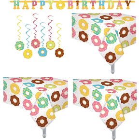 Oojami 3 Pack Donut Theme Table Cover Donut Theme Tablecloth Party Supplies Ideal for Birthday Parties, Baby Showers, Donut Party Includes 6 Donut Swirls 1 Happy Birthday Donut Banner