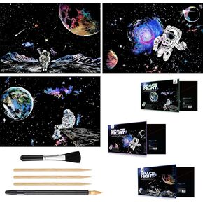 Space Series Scratch & Engraving Art Paper Kit (16"x11.2") for Kids & Adults - Rainbow Sketch Cosmos Astronaut Starry Sky Painting Painting Scratchboard- 3 Pack with 5 Tools: Drawing Pens, Clean Brush