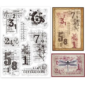 GLOBLELAND Vintage Numbers Background Transparent Clear Stamps Flower Word Embossing Stamp Sheets Silicone Clear Stamps Seal for DIY Scrapbooking and Card Making Paper Craft Decor