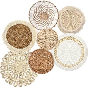 Set of 7 Boho Wall Baskets, Wall Hanging Rattan Decor, Flat Round Woven Water Hyacinth Corn Husk Farmhouse Handmade Macrame Hanging Woven Baskets for Living Room Bedroom Dining Room - Light Color