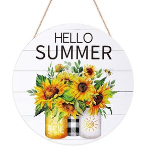 Hello Summer Door Sign Sunflower Buffalo Plaid Mason Jar Welcome Wood Sign Rustic Farmhouse Wooden Hanging Sign for Home Front Door Hanger Porch Wall Decoration Housewarming Gift