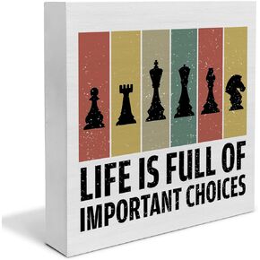 Life is Full of Important Choices Chess Wood Box Sign Decor Desk Sign Chess Wooden Box Block Sign Rustic Home Office Shelf Wall Decoration Gift for Chess Lover