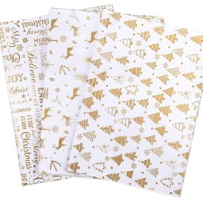 Whaline 120 Sheets Gold Gift Tissue Wrap Paper Set, Xmas Tree, Reindeer, Snowflake Design for Christmas Wrapping Paper DIY and Craft, 14" x 20"