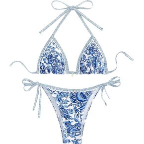 WDIRARA Women's 2 Piece Boho Swimsuits Floral Print Halter String Triangle Bikini Set Beach Bathing Suit