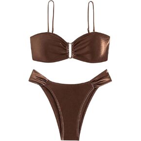 SweatyRocks Women's 2 Piece Swimsuit Ruched High Cut Bikini Sets Tie Back Bathing Suits