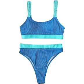Floerns Women's 2 Piece Bikini Set Ribbed Knit Colorblock Bikini Bra and High Cut Swimwear