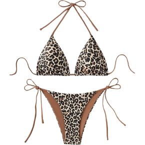 SOLY HUX Women's Leopard Print Bikini Sets Halter Triangle Tie Side Two Piece Swimsuit Bathing Suits