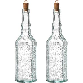 Bormioli Rocco Set Of 2 Country Home Fiesole Bottle, 24-ounce With All Natural Cork Lid, Blue-green Tinted Star Glass, Elegant And Floral Design Made In Italy.