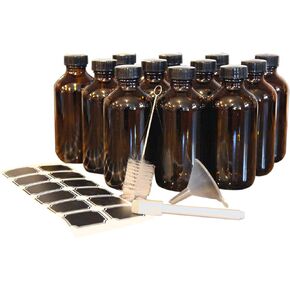 Nevlers 12 Pack 8 oz Amber Glass Bottles with Caps | The Leakproof Brown Glass Bottles Includes Caps & a Funnel and Brush with Bonus Labels to Easily Identify Its Contents