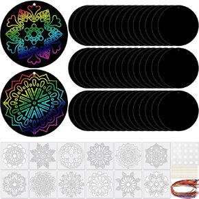 48 Pieces Mandala Scratch Cards Rainbow Xmas Scratch Paper for Kids DIY Round Ornaments with Drawing Stencils Wooden Stick and Ribbon Suitable Hobby for Adults, Kids, Teens and Seniors