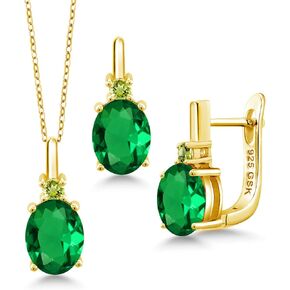 Gem Stone King 18K Yellow Gold Plated Silver Green Simulated Emerald and Green Peridot Pendant and Earrings Jewelry Set For Women (6.97 Cttw, with 18 Inch Chain)