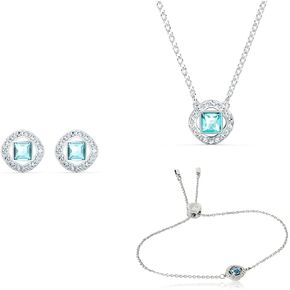 SWAROVSKI Angelic Square Stud Earrings, Aqua and White Crystals Angelic Square Pendant Necklace, Rhodium Plated Chain Angelic Square Bracelet and Bolo Style Adjustable Closure