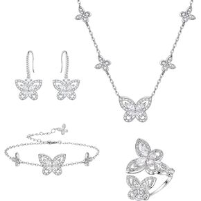 مجوهرات الفراشة من إليكوين للنساء، طقم قلادة/أقراط/خاتم/سوار مطلي بالفضة على شكل فراشات زركونيا مكعبة لمحبي الفراشات in Kuwait