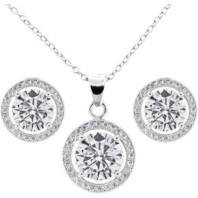 Cate & Chloe 18k White Gold Plated Halo Necklace and Stud Earring Set | Sparkling Silver CZ Jewelry Set for Women with Simulated Diamond Crystals, Fashion Jewelry Set for Girls, Gift for Her
