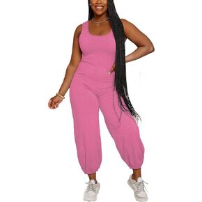 Tank Top Jumpsuits For Women Casual Summer Square Neck Sleeveless Rompers Elastic Loose Fit Overalls With Pockets