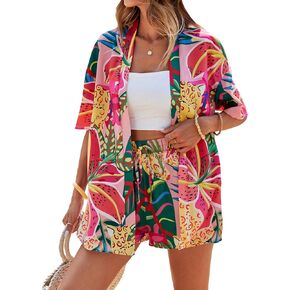 SOLY HUX Women's Summer 2 Piece Outfits Tropical Print Open Front Half Sleeve Kimono and Shorts Set