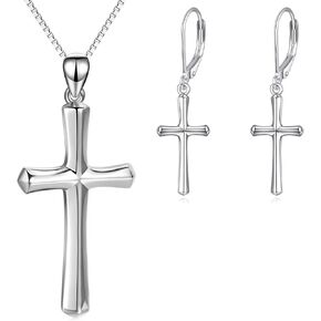 Cross Necklace and Earrings Jewelry Set Sterling Silver Religious Engraved Faith Hope Love Cross Pendant Necklace Jewelry Christmas Gifts for Women Girls Unisex