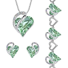 Leafael Infinity Love Heart Necklace, Stud Earrings, and Bracelet for Women, August Birthstone Crystal Jewelry, Silver Tone Gifts for Women, Light Chrysolite Green