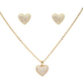 Lavencious CZ Paved Heart Shape Pendant Necklace and Cluster Earrings Jewelry Set for Women