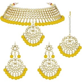 Aheli Faux Kundan Necklace Earrings Maang Tikka Set Indian Ethnic Wedding Fashion Jewelry Set for Women