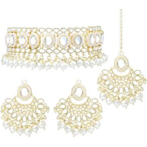 I Jewels Gold Plated Indian Wedding Bollywood Kundan Choker Necklace Chandbali Earring & Maang Tikka Ethnic Jewellery Set Gift for Women & Girls(K7228-1)