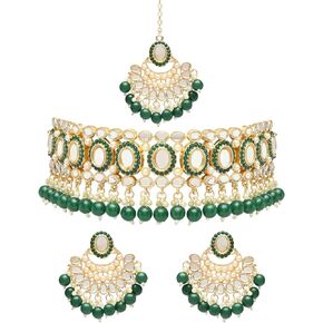 I Jewels مطلية بالذهب الهندي لحفلات الزفاف بوليوود كوندان قلادة تشاندبالي وحلق مانغ تيكا مجموعة مجوهرات عرقية هدية للنساء والفتيات (K7228-1)
