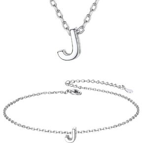 ChicSilver Initial Pendant Necklace and Ankle Bracelet for Women Girls 925 Sterling Silver Letter J Initial Jewelry Set