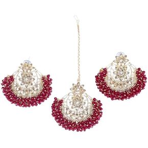 Red Beads Mangtika With Matching Earrings Set for Women Traditional Wedding Bridal Jewelry Set, Clear