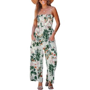 CUPSHE Summer Women Slip Ruching Smocked Jumpsuit Pants Square Neck Speghetti Straps Loose Waisted Maxi
