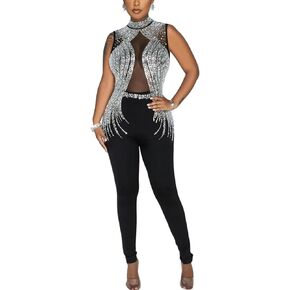 Women's Sexy Sleeveless Rhinestone Jumpsuit Patchwork Sheer Mesh See Through Bodycon Jumpsuit Party Club Night in Kuwait