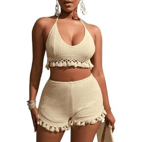Women's 2 Piece Outfits Tassel Trim Backless Halter Crop Top and Elastic Waist Shorts Sets