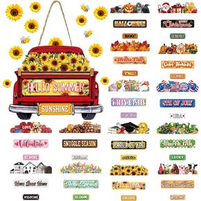Suzile 43 Pcs Interchangeable Seasonal Welcome Sign for Front Door Wood Truck Decor with 42 Holiday Signs Seasonal Wreaths Wall Hanging Outdoor Holiday Door Sign Wall Pediments for Home Office(Black)