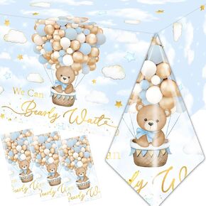 Bear Baby Shower Tablecloth, We Can Bearly Wait Baby Shower Decorations 3Pcs Blue Teddy Bear Table Cover, Bear Baby Gender Reveal Tablecloths for Kids Baby Shower Birthday Party Supplies, 108x180cm