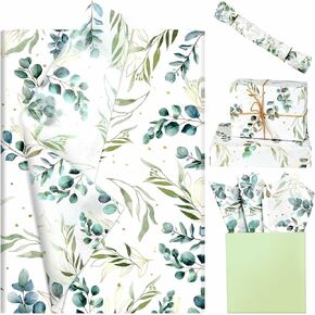 100 Sheets Eucalyptus Tissue Paper Gold Green Leaves Tissue Paper for Gift Wrapping Greenery Boho Decorative Tissue Paper for Baby Shower Bridal Shower Wedding DIY Craft, 20 × 14 Inch