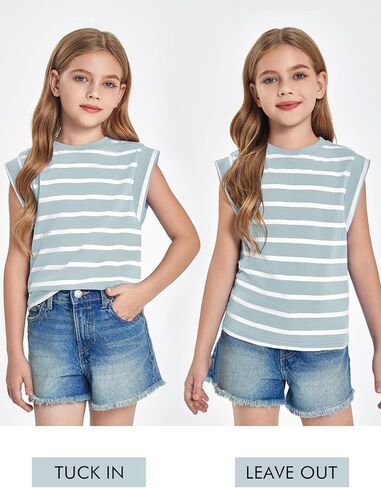 Haloumoning Girls Cap Sleeve T Shirts Summer Striped Tank Tops Tees 4-14 Years in Saudi Arabia