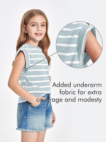 Haloumoning Girls Cap Sleeve T Shirts Summer Striped Tank Tops Tees 4-14 Years in Saudi Arabia