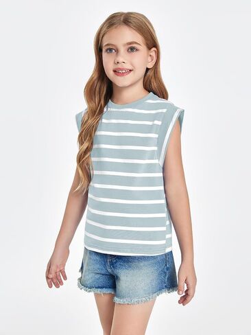 Haloumoning Girls Cap Sleeve T Shirts Summer Striped Tank Tops Tees 4-14 Years in Saudi Arabia
