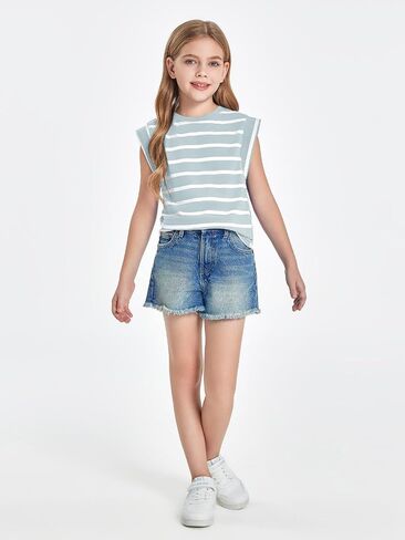 Haloumoning Girls Cap Sleeve T Shirts Summer Striped Tank Tops Tees 4-14 Years in Saudi Arabia